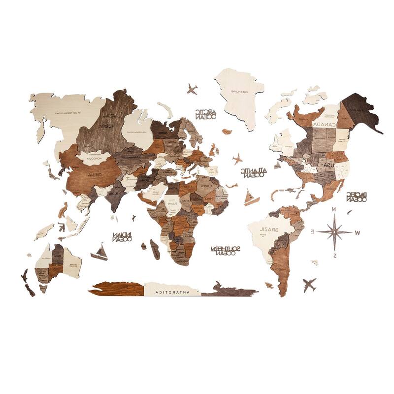HomeRoots 47" X 79" Brown and Beige Wood World Map Hanging Dimensional Sculpture