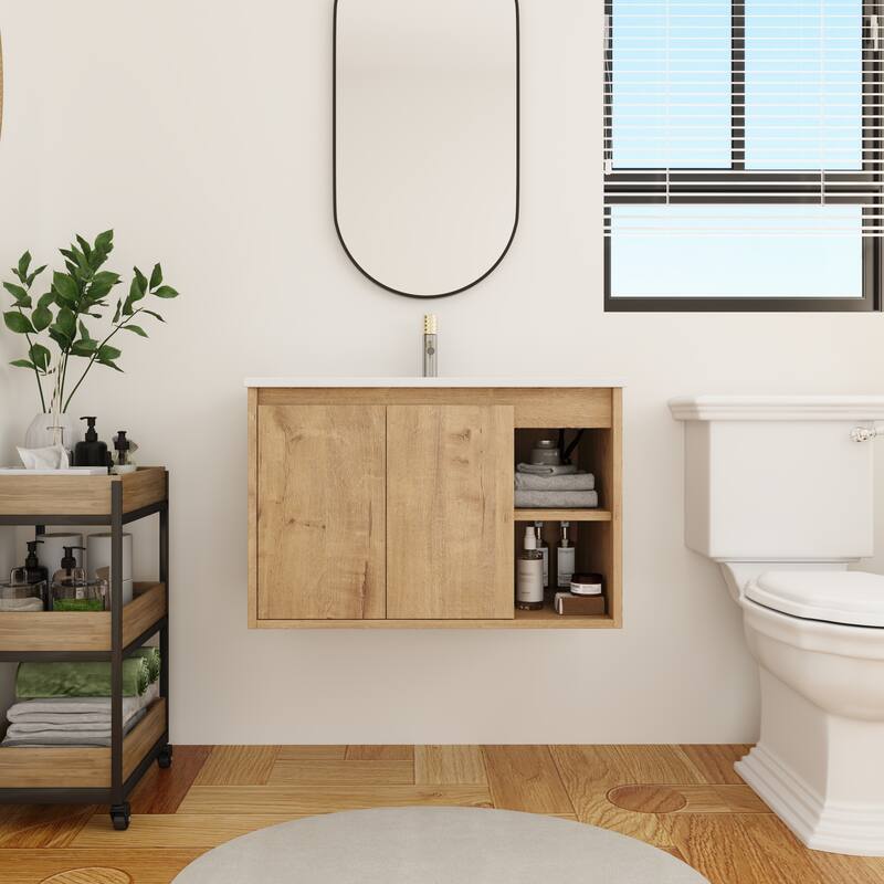 BNK 20"/24"/30" Single Sink Bathroom Vanity with Soft Close Door or Right Side Shelves, Modern Floating Vanity - 30''W - IMOX