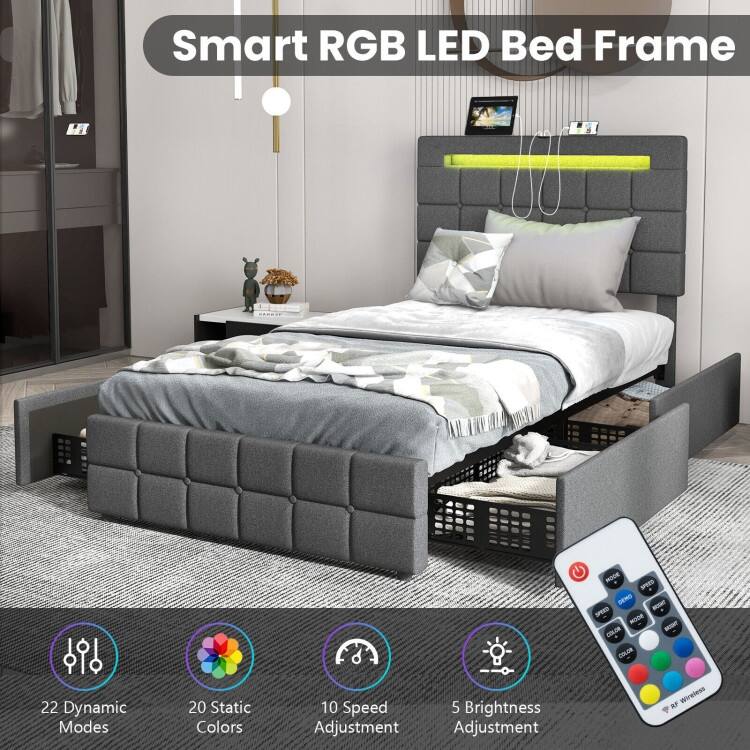Upholstered Queen LED Bed Frame with Headboard and 4 Drawers-Queen Size