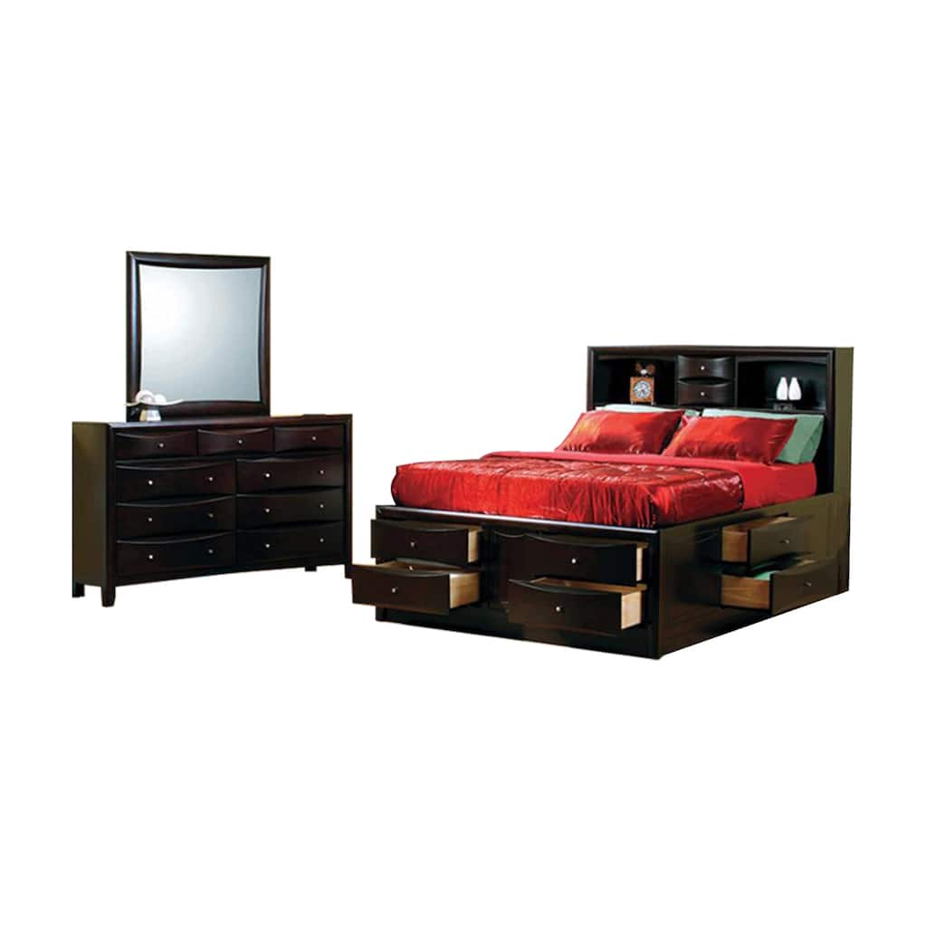 3 Piece Wood Frame Queen Bedroom Set with Storage Drawers in Cappuccino