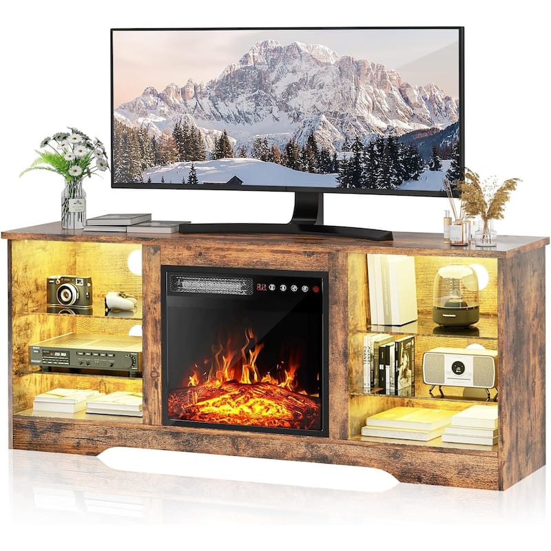 Bossin 58" Fireplace TV Stand with 18'' Electric Fireplace,Modern Entertainment Center for 65'' TVs,TV Cabinet - New-Brown