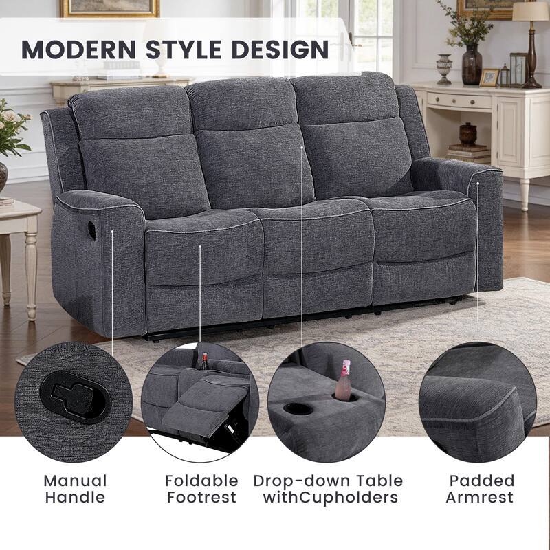 3PC Soft Microfiber Manual Reclining Sofa Set Sofa w/Dropdown Table Loveseat with Bluetooth Speaker and Type-C Charger