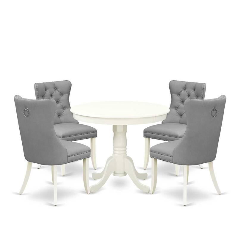 Round Dining Table Set with 4 Chairs - Linen White Kitchen Set - Pedestal Table & Parson Chairs