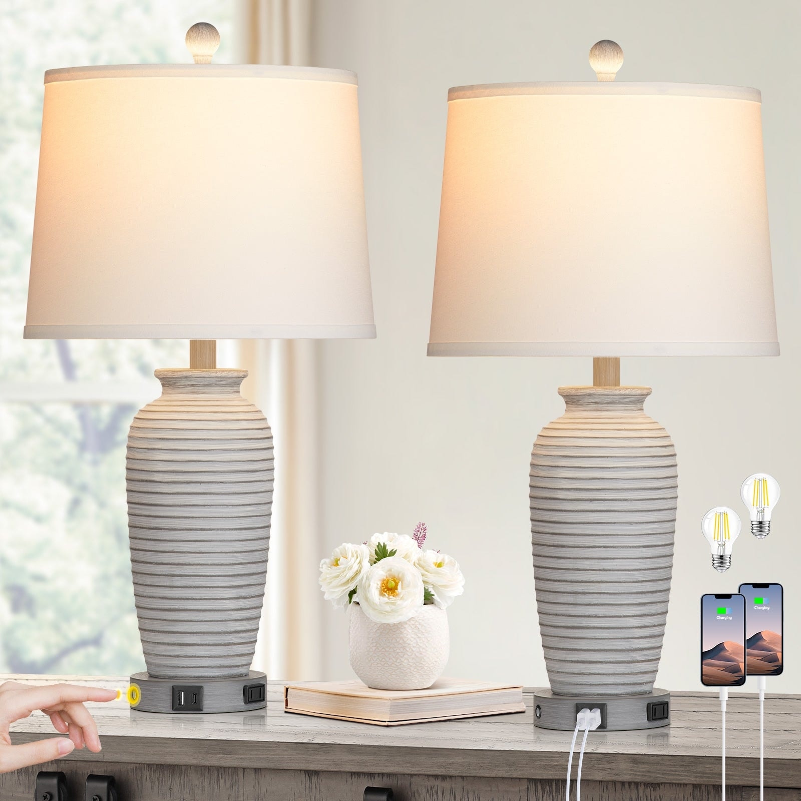 Set of 2 White Resin Table Lamps with 3-Way Dimmable Touch Control, USB/Type-C Ports, and AC Outlet - 13'' X 13'' X 25''