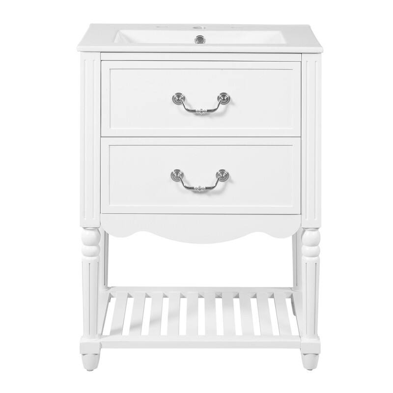 24'' Vintage Bathroom Vanity with Ceramic Sink, Freestanding Cabinet with 2 Drawers, Open Shelf