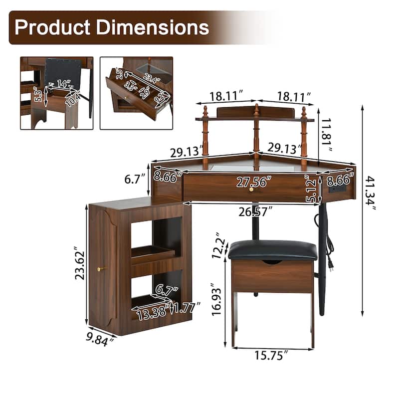 Modern Corner Makeup Vanity Desk with Stool, Charging Ports, Glass Tabletop, Removable Side Cabinet, Drawer & Storage Shelves
