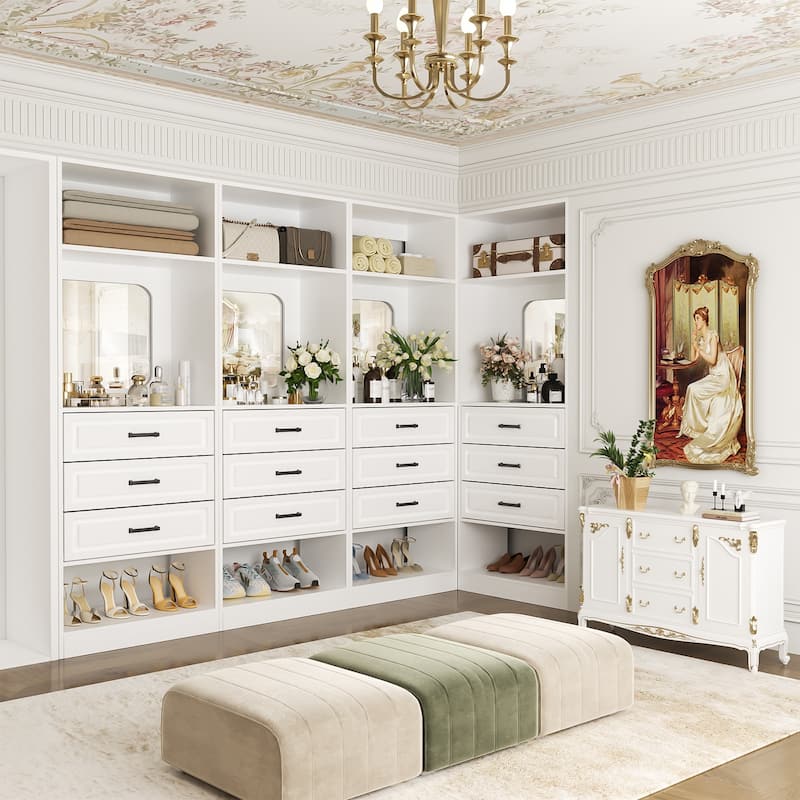Cimly 25'' Freestanding Closet System with Drawers and Mirror, Display Shelves Organizer with Shelving