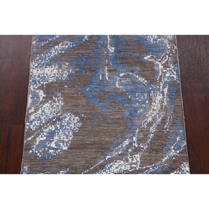 Wool/ Silk Vegetable Dye Modern Abstract Oriental Runner Rug Handmade - 3'0" x 12'3"