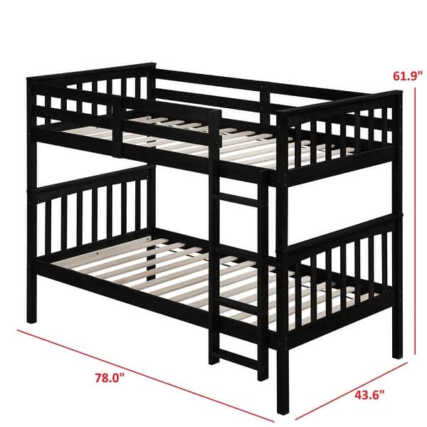 dimension image slide 3 of 6, Clayfell Ames Twin Over Twin Solid Wood Bunk Bed Frame, Convertible, Sturdy Guardrails, Easy Assembly
