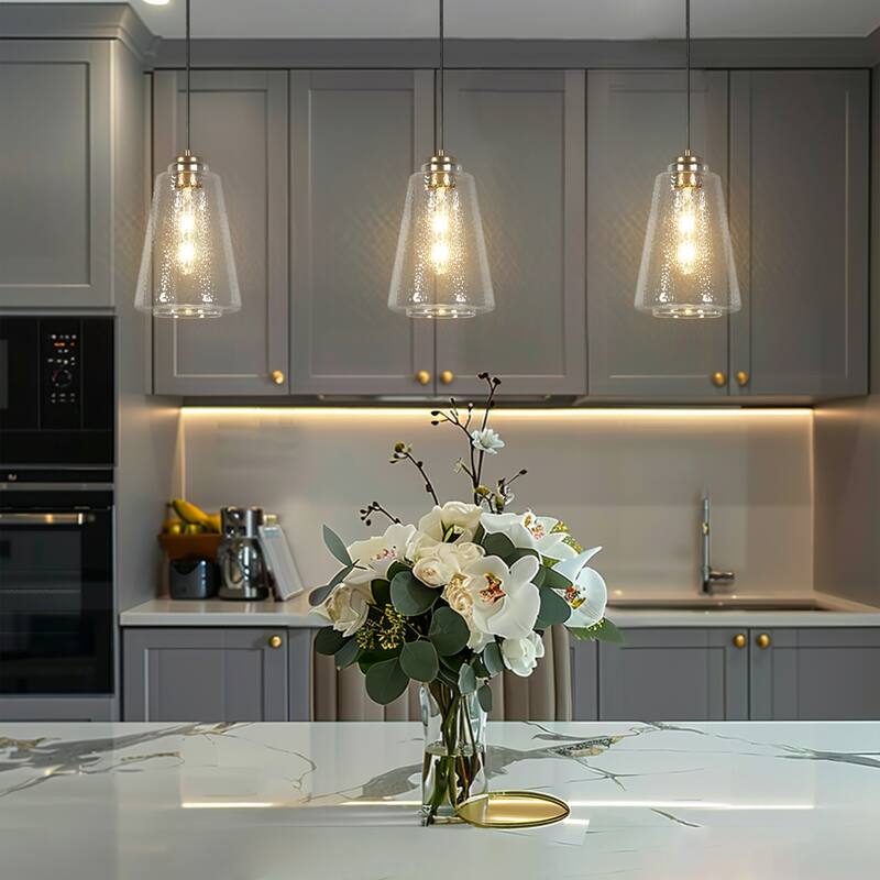 Modern Gold 1-Light Textured Clear Glass Pendant Light for Kitchen Island - D7.9"xH12.5"