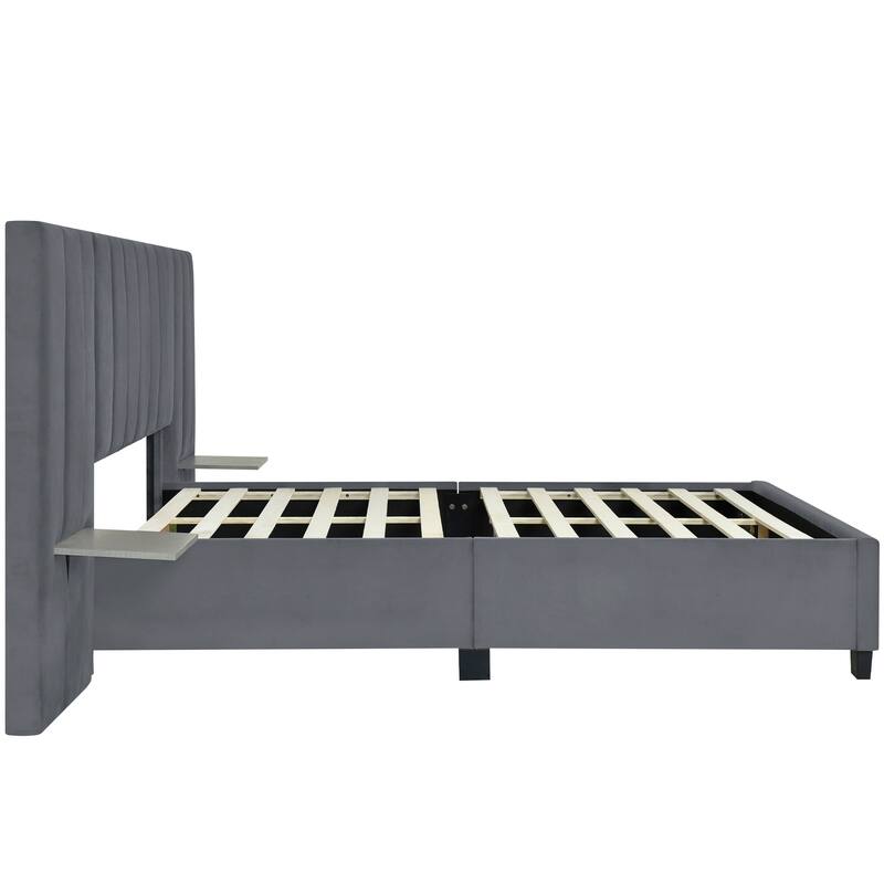 Upholstered Platform Bed with Oversized Headboard and 2 Side Shelves, Comfort & Soft Velvet Bed Frame Vertical Stripes Backerest