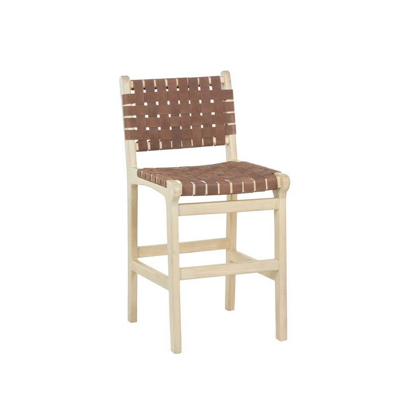 Brown Mango Wood Handmade Woven Bar Stool with Light Brown Wood Frame with Backrest and Footrest