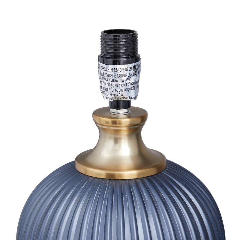 Blue Fabric Ribbed Table Lamp with Velvet Shade and Gold Accents