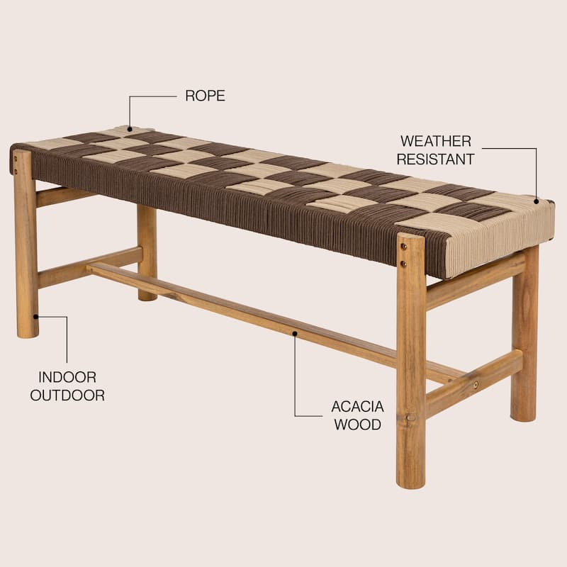 48" 2-Seat Outdoor Acacia Bench, Backless w/ Woven Rope Seat, 700-lb Support