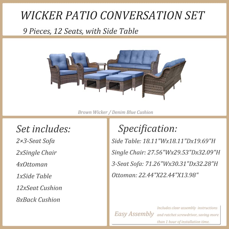 9 Piece Wicker Outdoor Patio Furniture Seating Sofa Conversation Sets