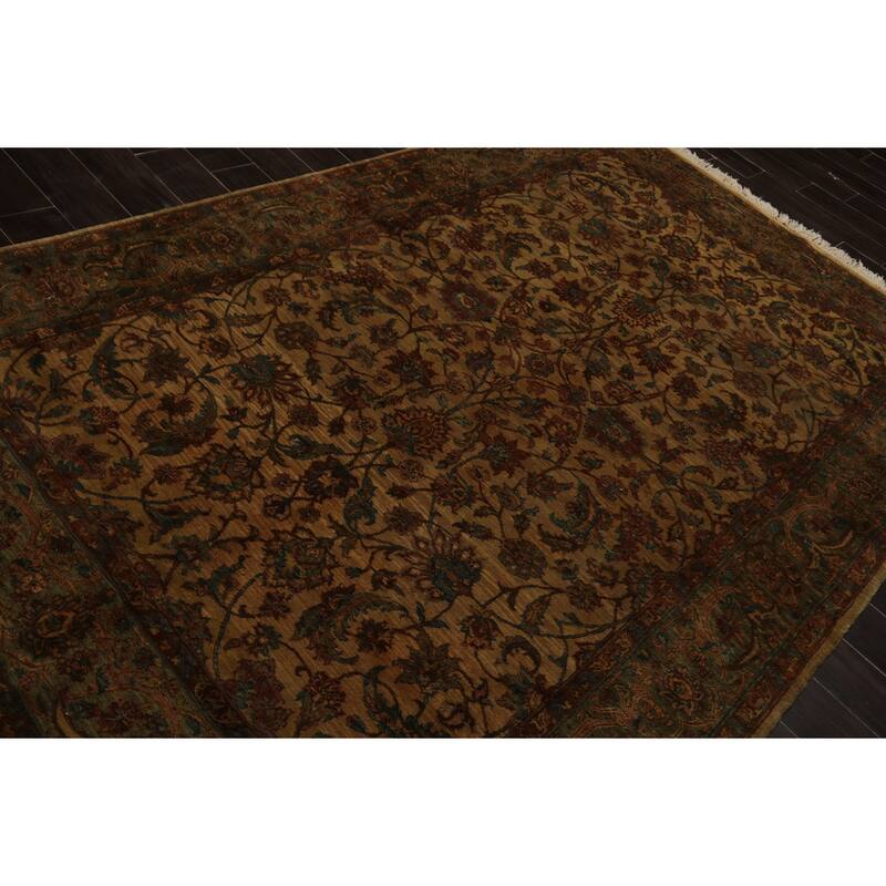 6'2''x9'5'' Hand Knotted Gold Wool Agra Botanical Gold Wash Silky Sheen Rug - 6' 2'' x 9' 5''