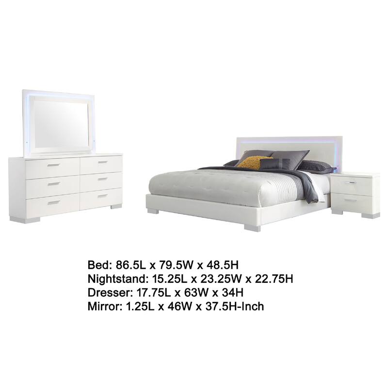 Sok 4pc King Bedroom Set, Blue LED Lights, Faux Leather, White Wood