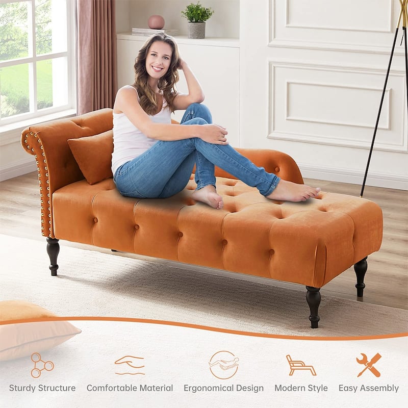 60"W Velvet Chaise Lounge, Tufted with Pillow & Nailhead Decorate - 60.6W" x 27.5D" x 28.3"H