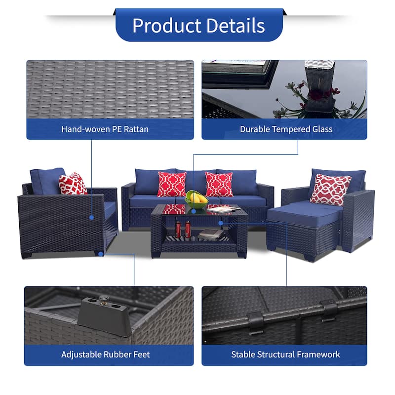 7 Piece Patio Furniture Set, Outdoor PE Rattan Wicker Sectional Sofa Set with 2 Sofa Chairs and Tempered Glass Table