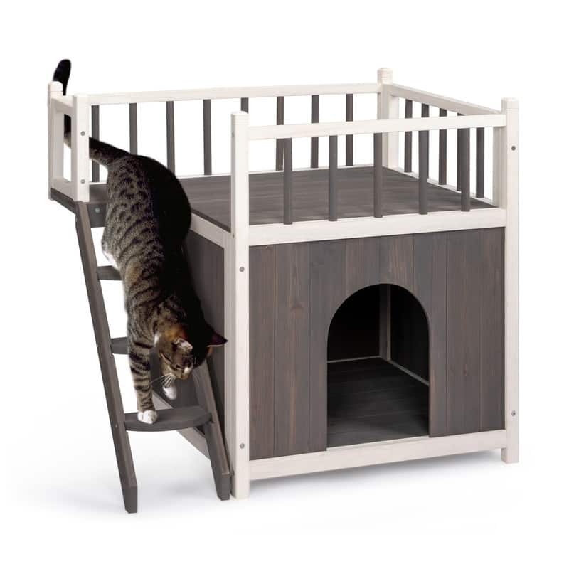 Grey & White Two-Story Wooden Feral Cat/Dog House with Stairs - 28.3 x 22 x 25.6 inch