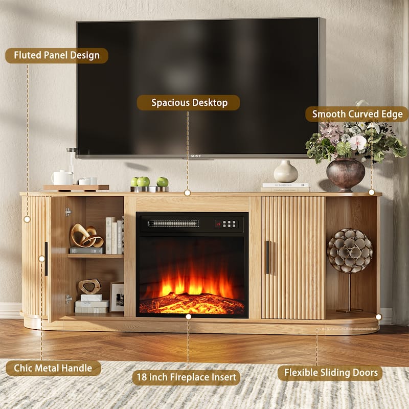 BOSSIN 60"Modern Electric Fireplace TV Stand with Fluted Panels, Adjustable Shelves, 5-Level Flame Brightness for TVs up to 70"