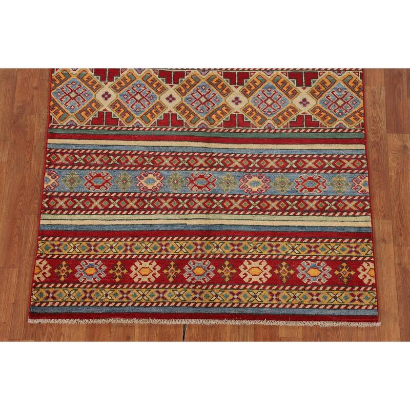 Striped Multi-Color Kazak Oriental Area Rug Handmade Wool Carpet - 4'0" x 5'11"