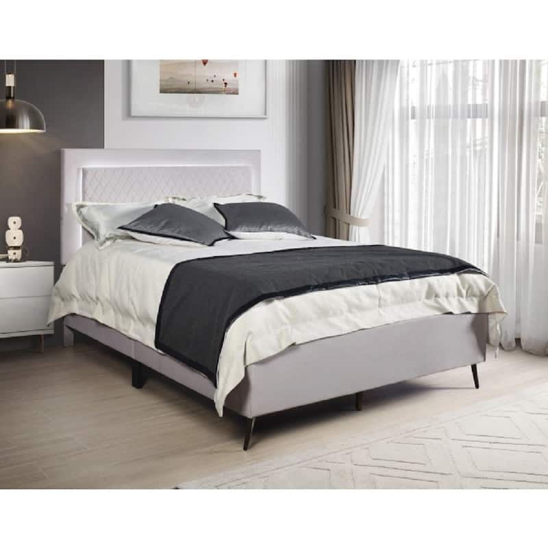 Modern Upholstered Platform Bed with Adjustable LED Headboard, Light Gray - King