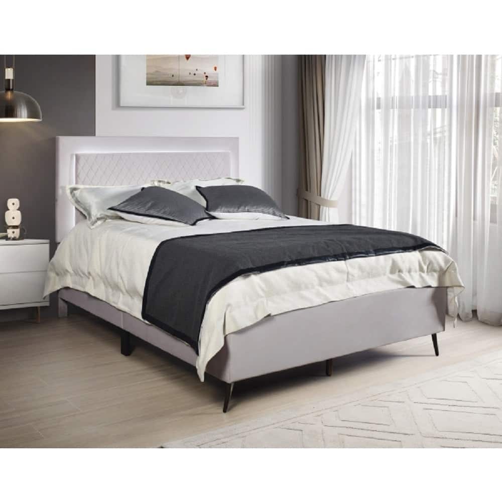Modern Upholstered Platform Bed with Adjustable LED Headboard, Light Gray