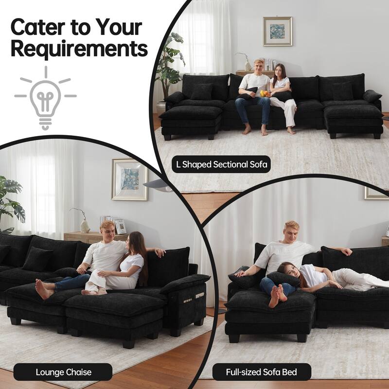 144" Modular Compression Sofa Set Convertible Sectional Sleeper Couch with 2 Ottomans