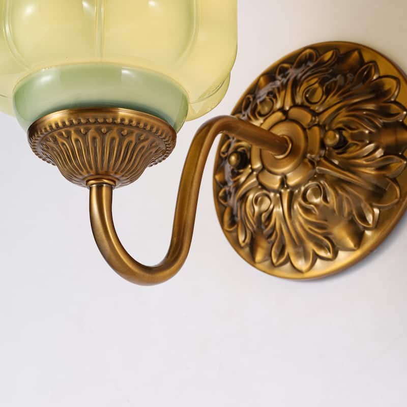 1-Light Vintage Antique Brass Finish Lantern Shaped Wall Light with Opal/Green Glass Shade for Bedroom, Hallways