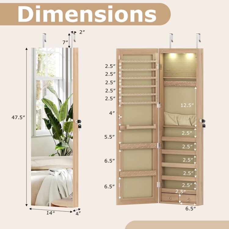 LED Lights Wall and Door Mounted Jewelry Storage Lockable Cabinet with Full Length Mirror - 14" x 4" x 54.5" (L x W x H)