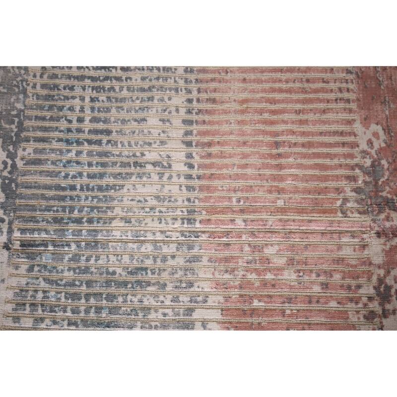Striped Abstract Indian Runner Rug Hand-Knotted Wool Carpet - 2'7"x 9'7"