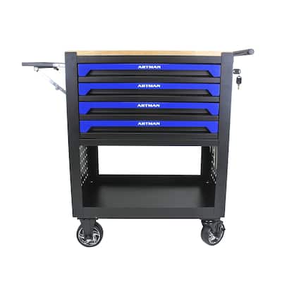 4 Drawers Multifunctional Tool Cart with Wheels and Wooden Top Multiple Uses - Home office or garage - Blue