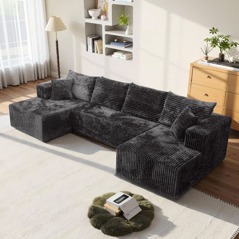 132.2" U-shaped Corduroy Sectional Sofa, No Assembly Required - Grey