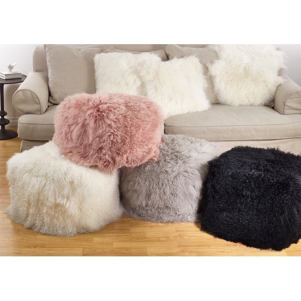 slide 1 of 10, Mongolian Lamb Fur Wool Pouf Ottoman