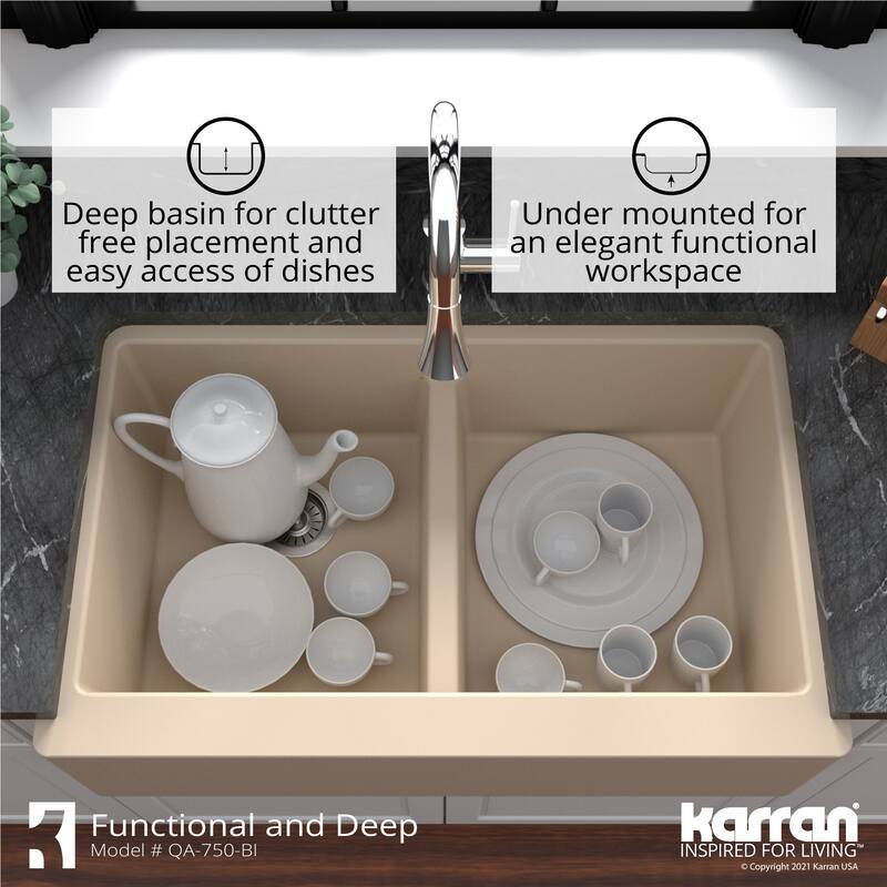 Karran Farmhouse Apron Front Quartz Double Bowl Kitchen Sink Kit