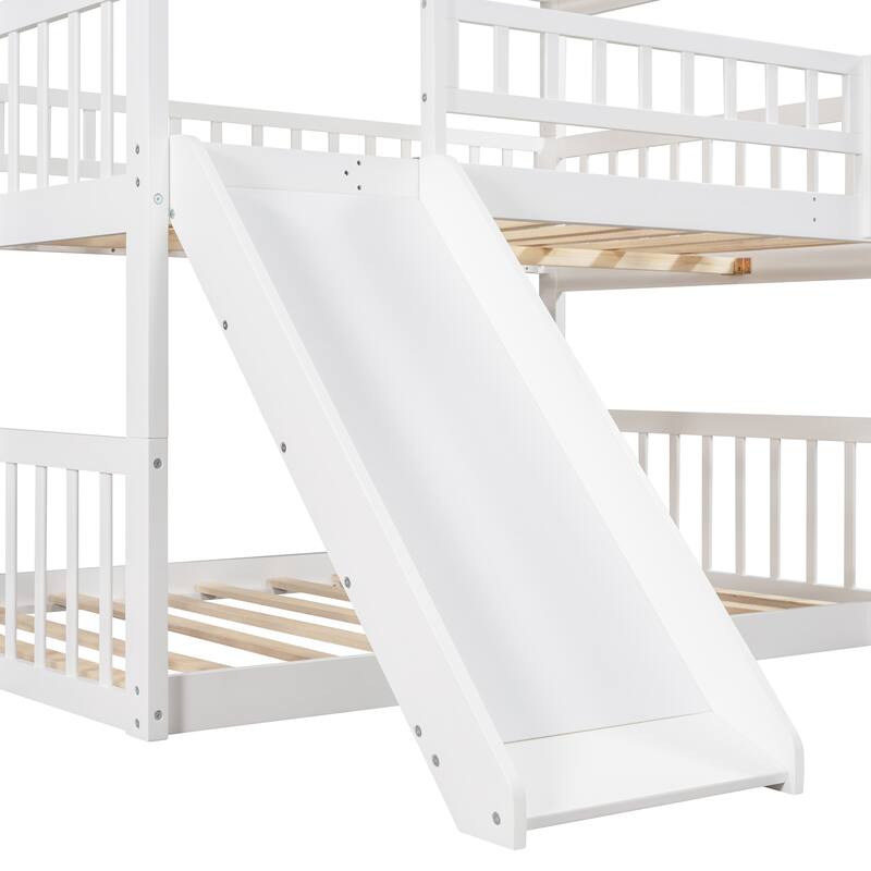 Full Size Wood Triple Bed with Ladder and Slide, Divided Into 3 Separate Beds, Full-Over-Full-Over-Full Triple Bunk Bed Frame