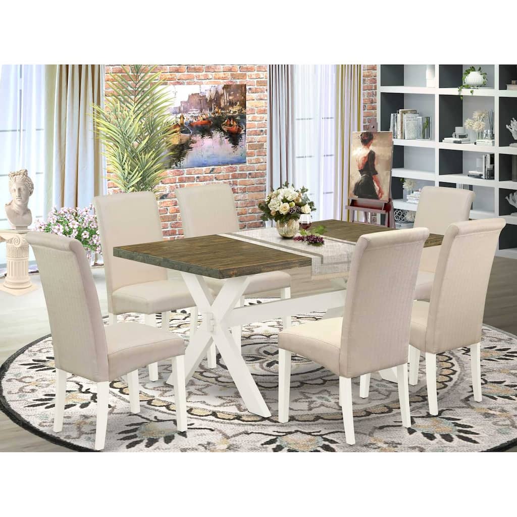 HomeStock 7-Pc Rectangle Distressed Jacobean Finish Solid Wood Top Dining Table with 6-Chairs
