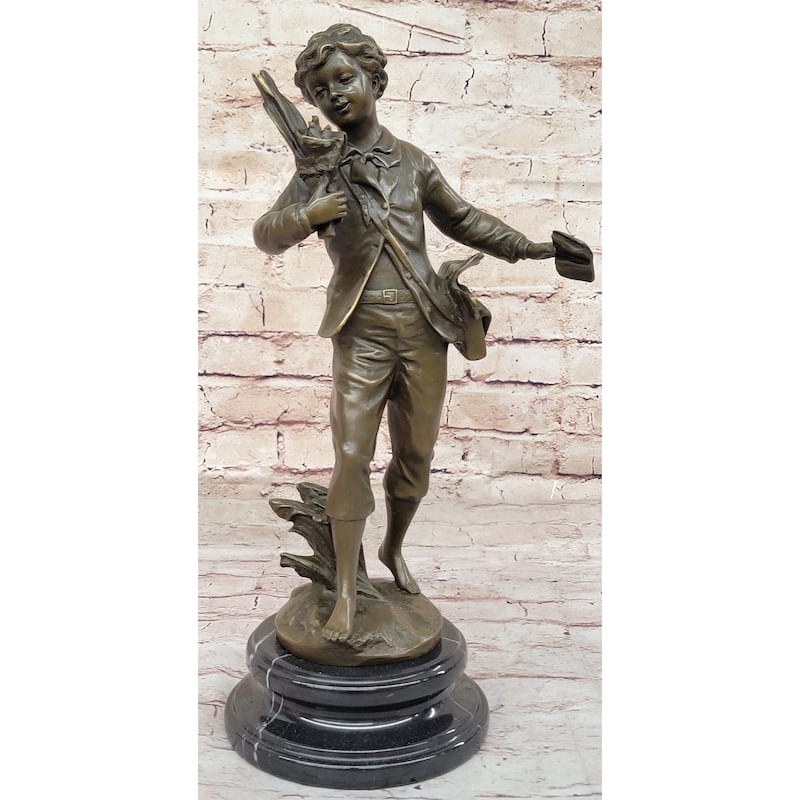 Young School Boy Carrying Supplies - 19Th Century Reproduction Sculpture After Bruchon