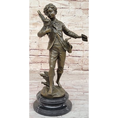 Young School Boy Carrying Supplies - 19Th Century Reproduction Sculpture After Bruchon