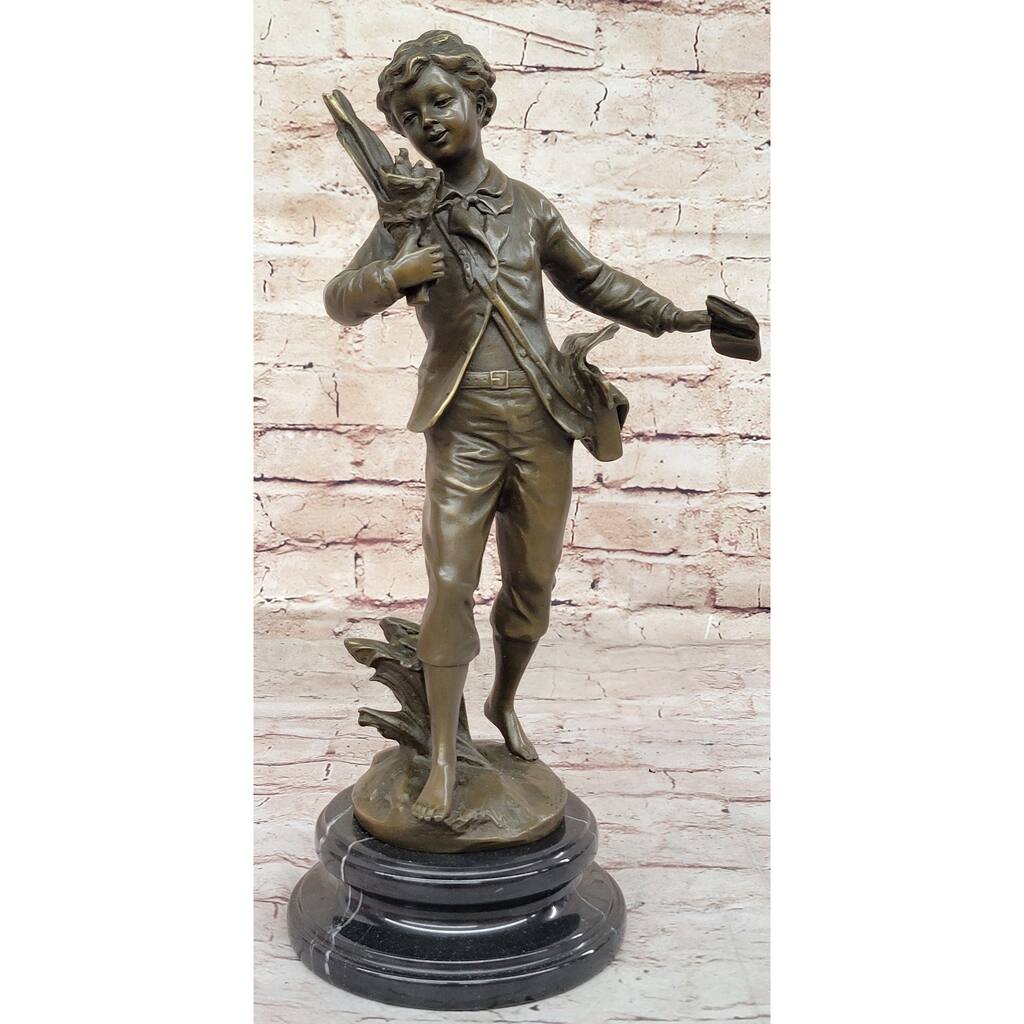 Young School Boy Carrying Supplies - 19Th Century Reproduction Sculpture After Bruchon