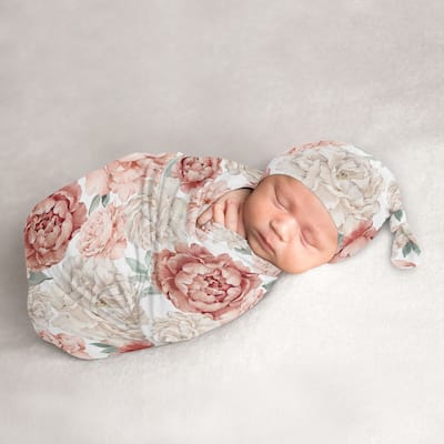Sweet Jojo Designs Blush Pink Boho Shabby Chic Floral Girl Baby Cocoon and Beanie Hat Sleep Sack 2pc - Ivory Bohemian Watercolor