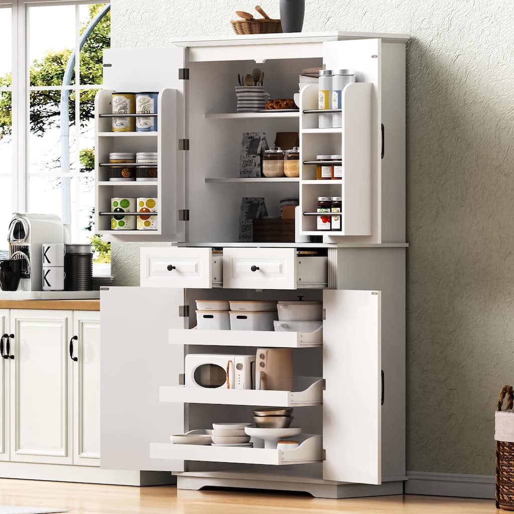 71" Tall Farmhouse Kitchen Pantry Cabinet with 3 Pull Out Cabinet Organizers, 6 Door Shelves, 2 Drawers - N/A