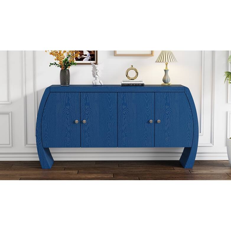 4 Door Buffet Cabinet Kitchen Cabinet with Rounded Arc Legs and Antique Brass Handles, Sideboard with Built Shelves