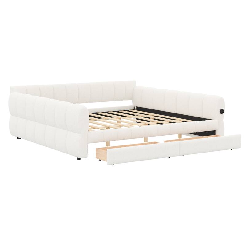 Upholstered Daybed with USB and Optional Platform Storage Bed with 2 Storage Drawers or Low Profile Sofa Bed with Trundle Bed
