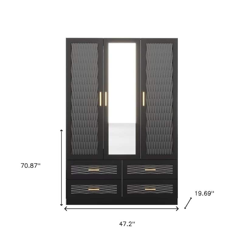 HomeRoots 71" Black Carved Geometric Mirrored Three Door Four Drawer Combo Dresser