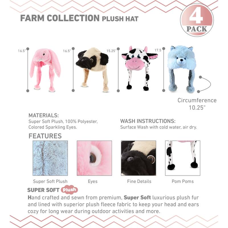 Dollibu Collection of 4 Farm Animal Super Soft Hats With Ear Flaps - 17.5 x 12 x 2.5 inches