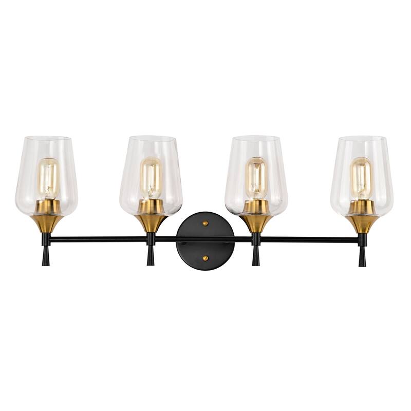 Black and Antique Brass 4-Light Modern Vanity Light with Clear Glass Shades - Black and Antique Brass