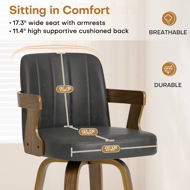 Upholstered Wood Swivel Counter Height Barstool with Arms