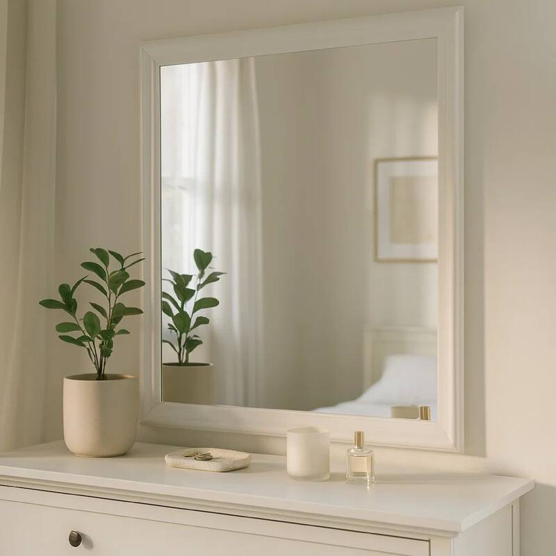 Nim Rectangular Dresser Mirror, Molded Trim Frame, 38 Inch White Wood